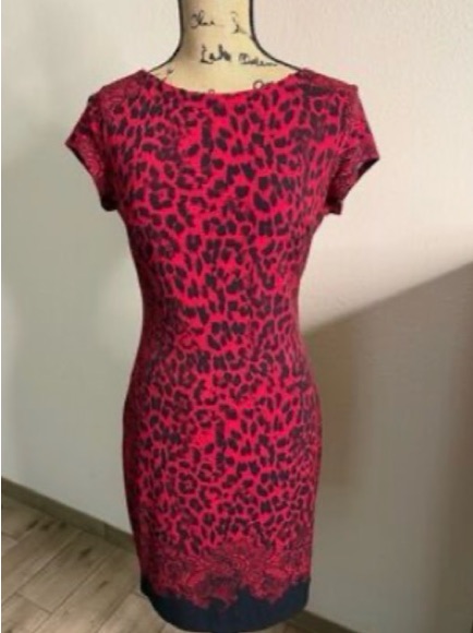 Cach -Red And Black Leopard-Print Midi Dress
